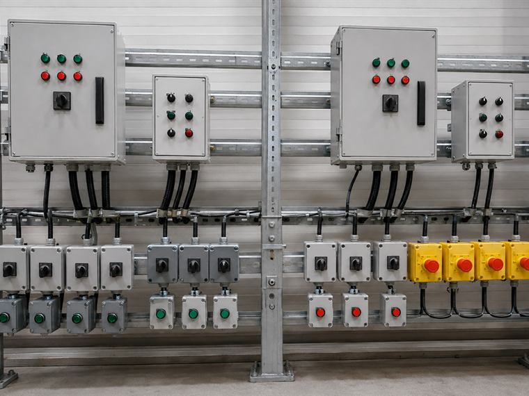 Local control stations and pushbutton enclosures mounted on framework, including emergency stop stations