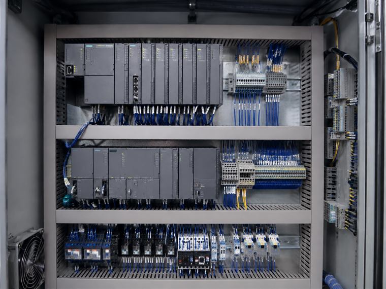 Automation panel interior with SIMATIC controller racks, distributed I/O, terminal marshalling and ferruled wiring