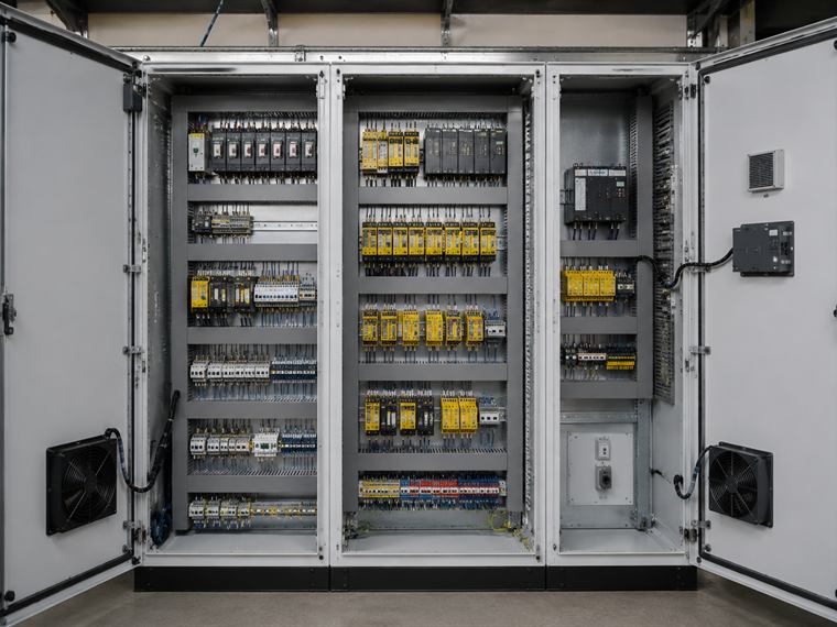 Safety and relay panel with safety relay modules, interposing relays and terminal rails across three sections