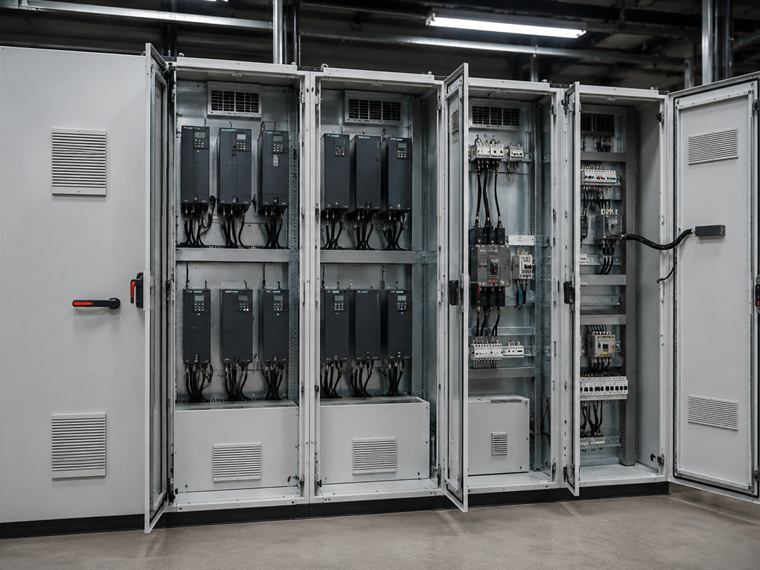 Drive panel with variable frequency drives, line protection and forced ventilation, doors open